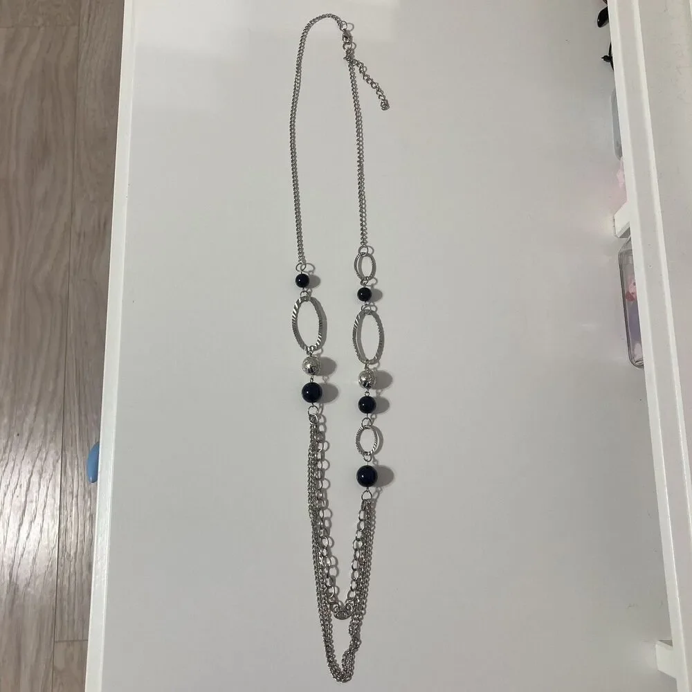 Long Layered Chain Ringlet Silver Tone Black Round Beaded Statement Necklace